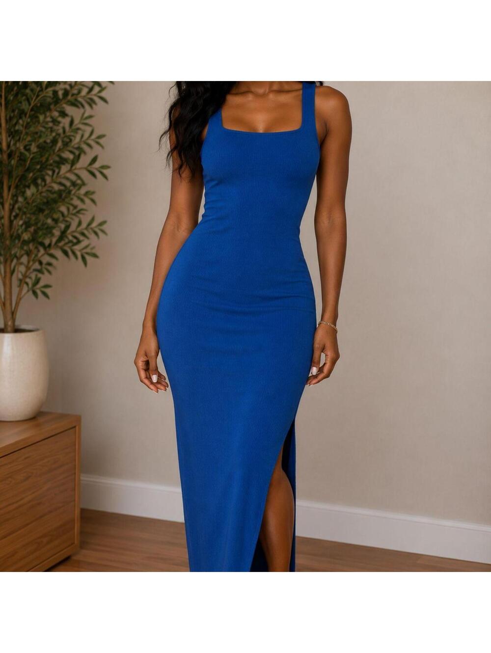 Blue Ribbed Sleeveless Side Split Dress – Size Medium (NWT)